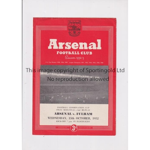 130 - ARSENAL    Programme for the home Combination Cup Semi-Final 2nd Replay from the 1951/2 season v Ful... 