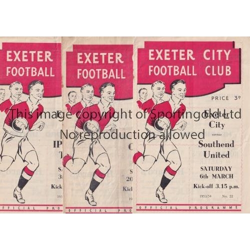 142 - EXETER CITY     Three home programmes in season 1953/4 v Southend, Coventry, creased, team changes a... 