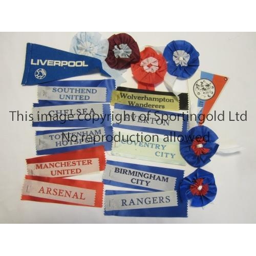 16 - FOOTBALL ROSETTES AND RIBBONS       Ten ribbons including Wolves, Man. Utd., Arsenal, Everton, Range... 