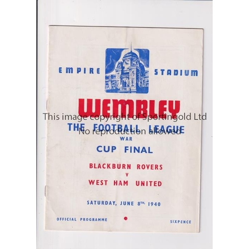 22 - FOOTBALL LEAGUE WAR CUP FINAL 1940       Programme for Blackburn v West Ham, very slightly creased. ... 