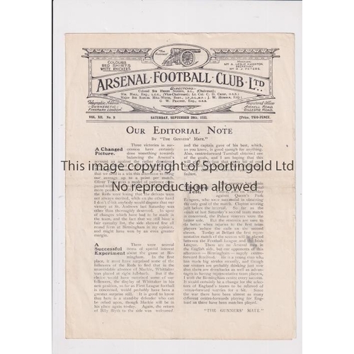 32 - ARSENAL     Programme for the home League match v Birmingham 29/9/1923, slight horizontal crease.   ... 