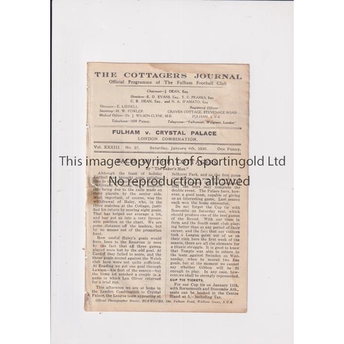 5 - FULHAM V CRYSTAL PALACE 1930      Programme for the London Combination match at Fulham 4/1/1930, ex-... 