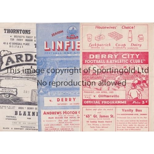 54 - DERRY CITY    Three programmes: home v Cliftonville 12/4/55, team changes and 2 aways v Ards 5/11/19... 