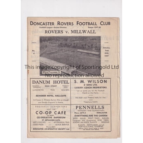 55 - DONCASTER ROVERS     Programme for the home League match v Millwall 20/9/1947, very slightly creased... 