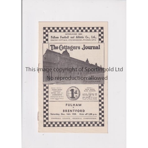 58 - FULHAM V BRENTFORD 1939      Programme for the FL South Regional match at Fulham 16/12/1939, very sl... 