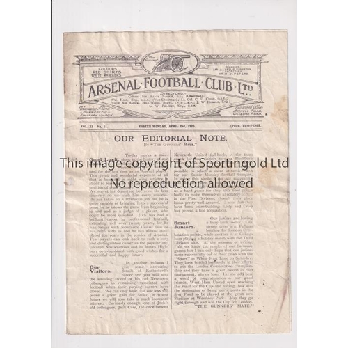 706 - ARSENAL      Programme for the home League match v Blackburn Rovers 2/4/1923, creased and slightly m... 