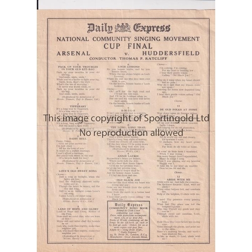 708 - 1930 FA CUP FINAL      Song sheet for Arsenal v Huddersfield Town, slightly creased.     Generally g... 