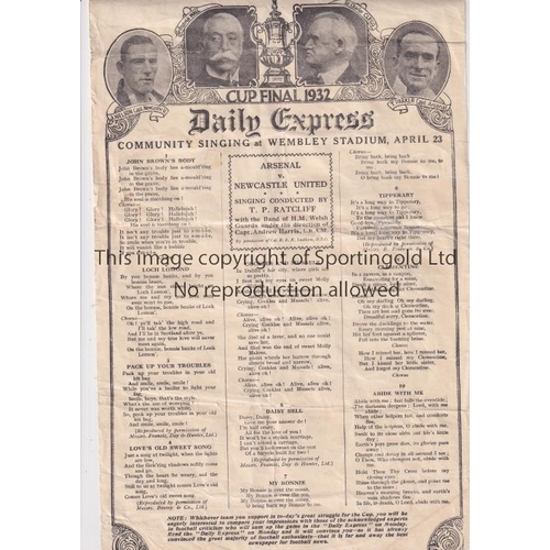 709 - 1932 FA CUP FINAL      Song sheet for Arsenal v Newcastle United, creased and minor repairs.     Fai... 