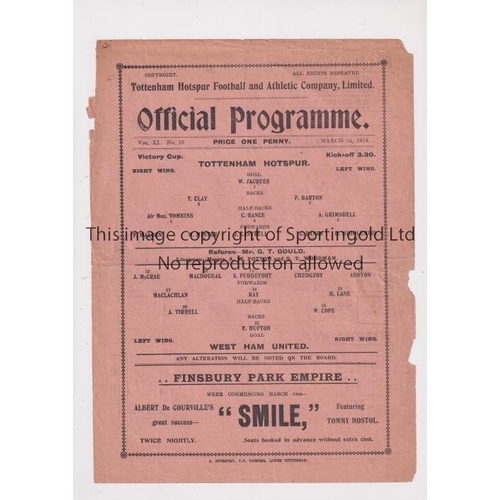 710 - TOTTENHAM HOTSPUR V WEST HAM UNITED 1919        Single sheet programme for the WWI Victory Cup match... 