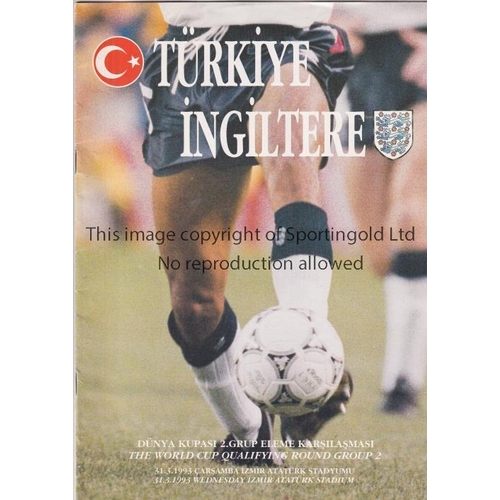 83 - ENGLAND   Turkey v England World Cup Qualifier in Izmir 31/3/1993. Very scarce issue.   Good