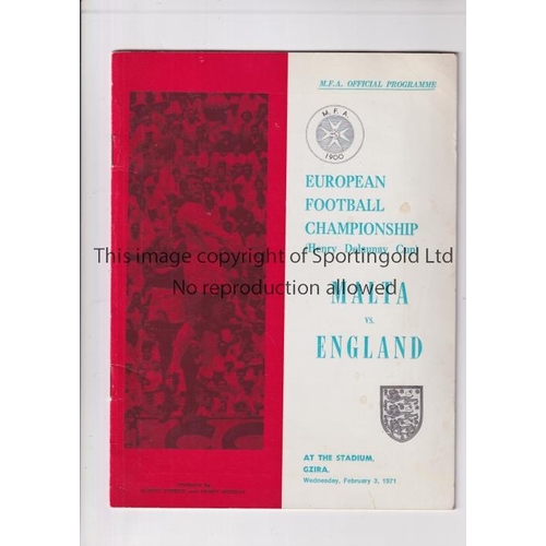 87 - MALTA V ENGLAND     Programme for the European Championship Qualifier played on 3/2/1971 at the Gzir... 