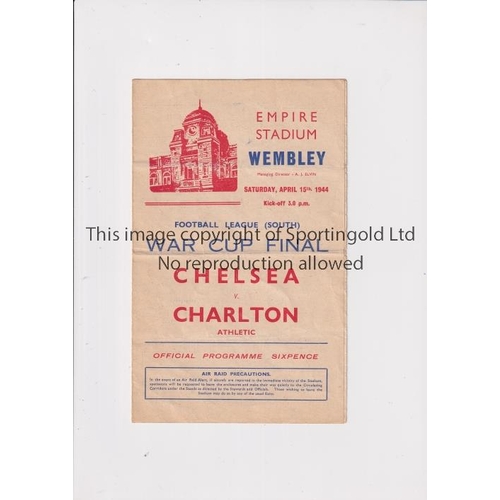 9 - 1944 FL SOUTH WAR CUP FINAL      Programme for Charlton v Chelsea, horizontal folds.     Generally g... 