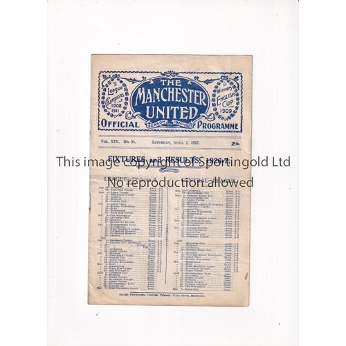 101 - MANCHESTER UNITED      Programme for the home League match v Leicester City 2/4/1927, horizontal cre... 