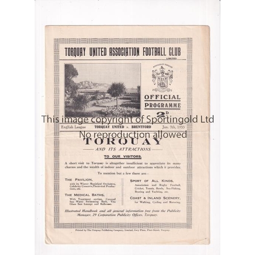 110 - 1933 TORQUAY UNITED V BRENTFORD   Programme for the  League game at Plainmoor on 7/1/33. Slight fold... 