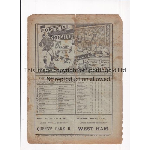 113 - 1923 MILLWALL V NORWICH CITY   Programme for the League game at The Den on 1/9/23. Creased.   Fair