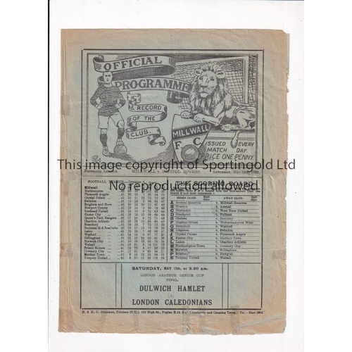 114 - 1928 MILLWALL V BRISTOL ROVERS   Programme for the League game at The Den on 5/5/28. Small edge repa... 