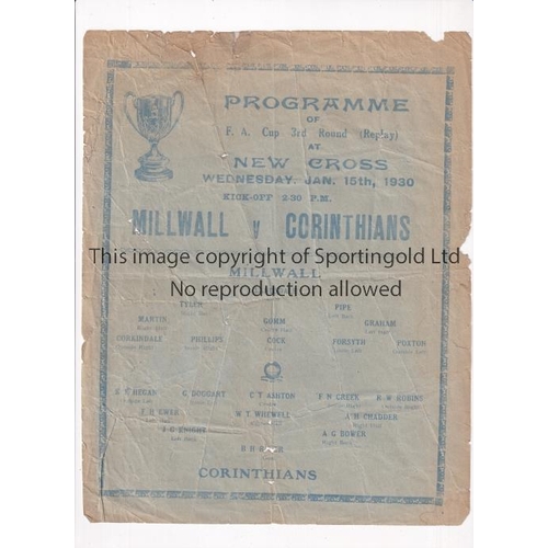 115 - 1930 MILLWALL V CORINTHIANS FA CUP 2ND REPLAY   Single sheet, likely to be a pirate programme for th... 