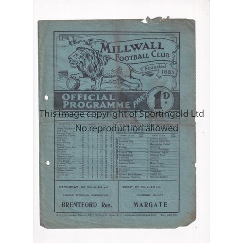 116 - 1933 MILLWALL V WEST HAM UNITED   Programme for the game at The Den on 21/10/33. Punch holes, slight... 