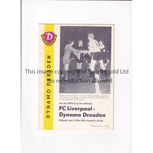 12 - LIVERPOOL     Programme for the away UEFA Cup tie v Dynamo Dresden 3/3/1976. Liverpool won the Cup i... 