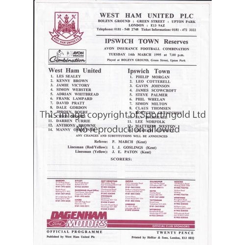 1493 - WEST HAM UNITED V IPSWICH TOWN      Ten programmes for Football Combination matches at West Ham 69/7... 