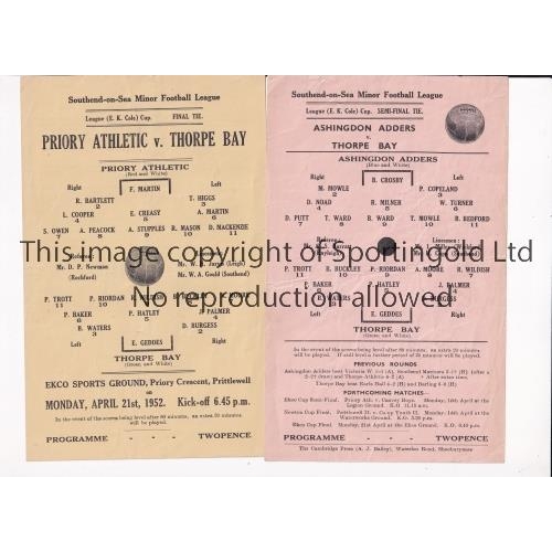 1494 - SOUTHEND ON SEA MINOR FOOTBALL LEAGUE     Two small single sheet programmes for the 1952 League Cup ... 