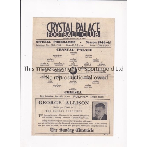 1497 - CHELSEA     Single card programme for the away FL South match v Crystal Palace 30/12/1944, professio... 