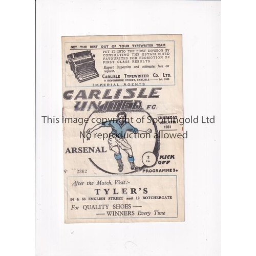 243 - ARSENAL      Programme for the away FA Cup tie v Carlisle United 11/1/1951, very slight horizontal c... 