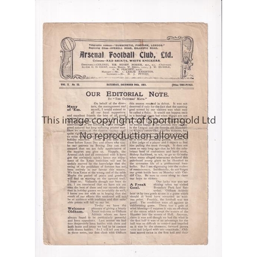 245 - ARSENAL      Programme for the home League match v Oldham Athletic 24/12/1921, horizontal fold.    G... 