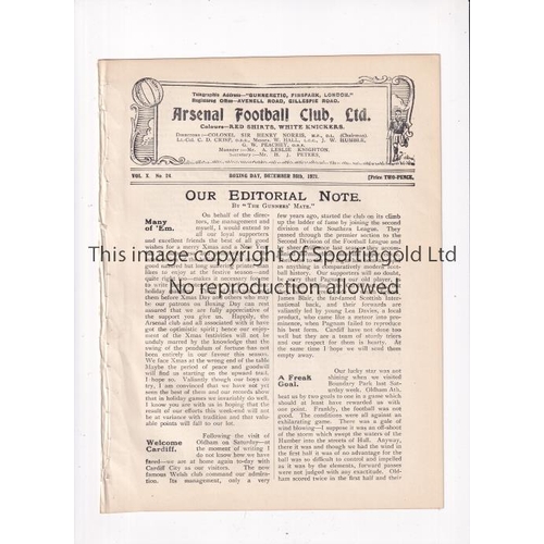 246 - ARSENAL      Programme for the home League match v Cardiff City 25/12/1921, ex-binder.     Generally... 