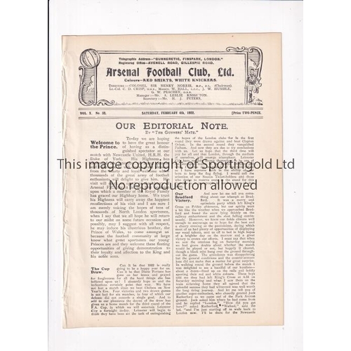 249 - ARSENAL      Programme for the home League match v Newcastle United 4/2/1922, ex-binder.    Generall... 