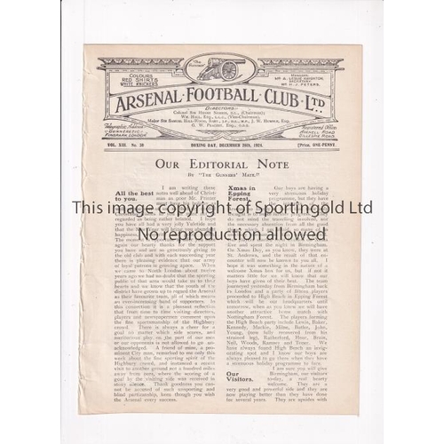 256 - ARSENAL      Programme for the home League match v Birmingham 26/12/1924, ex-binder.    Generally go... 