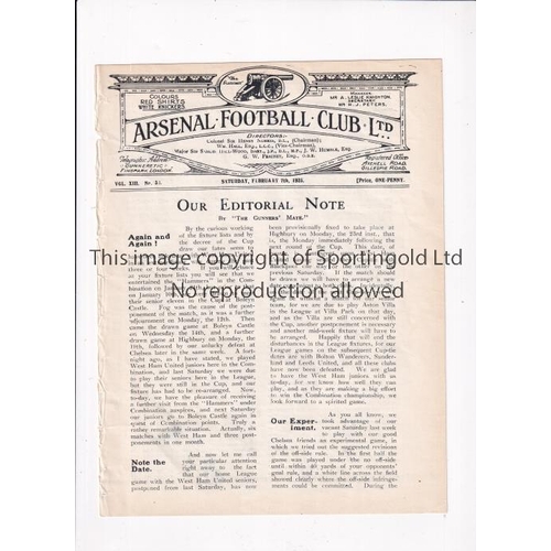 257 - ARSENAL      Programme for the home London Combination match v West Ham United 7/2/1925, ex-binder. ... 