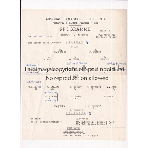 273 - ARSENAL      Single sheet programme for the home FA Youth Cup tie v Charlton Ath. 5/3/1958, horizont... 