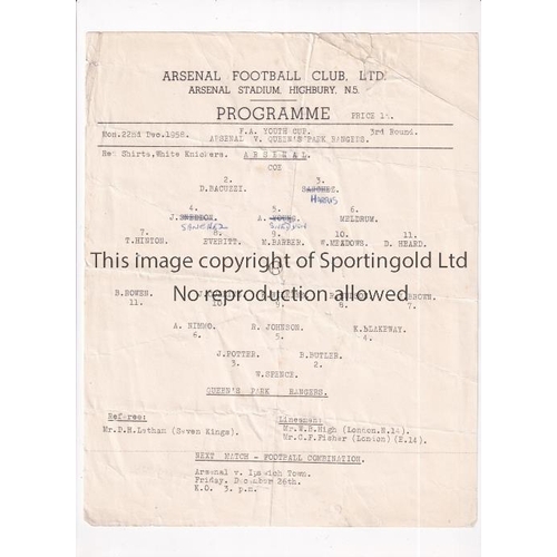 274 - ARSENAL     Single sheet programme for the home FA Youth Cup tie v QPR 22/12/1958, horizontal fold, ... 