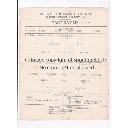 275 - ARSENAL     Single sheet programme for the home FA Youth Cup tie v Bristol City 20/1/1959, folded an... 