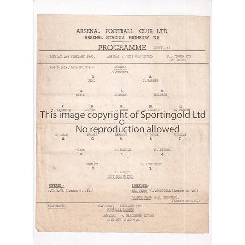 277 - ARSENAL     Single sheet programme for the home FA Youth Cup tie v West Ham United 2/2/1960, horizon... 