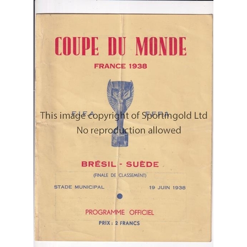 284 - 1938 FIFA WORLD CUP        Scarce Official programme 3rd/4th Place Play-off Brazil v Sweden played 1... 