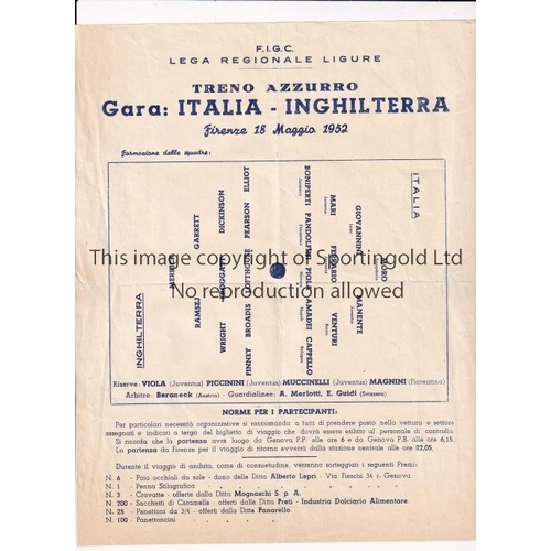 286 - 1952 ITALY v ENGLAND       Scarce single sheet programme Friendly played 18/5/1952 at Stadio Aremio ... 