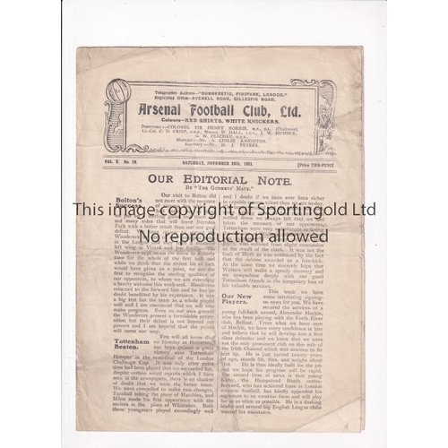 31 - ARSENAL      Programme for the home League match v Bolton Wanderers 26/11/1921, which was abandoned ... 