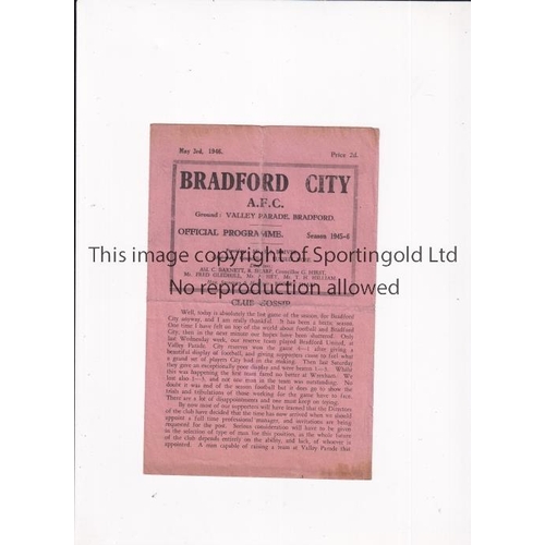 311 - BRADFORD CITY V WREXHAM 1946      Programme for the League match at Bradford 3/5/1946, slightly crea... 