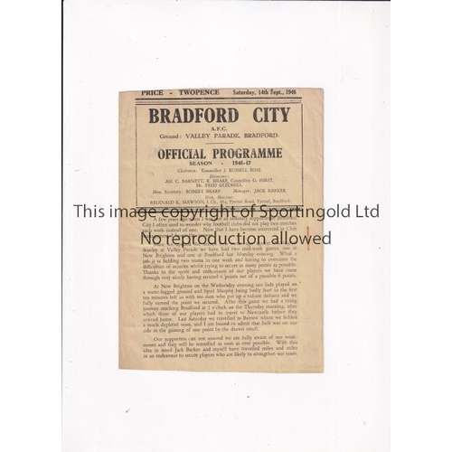 312 - BRADFORD CITY V CREWE ALEXANDRA 1946     Programme for the League match at Bradford 14/9/1946, sligh... 