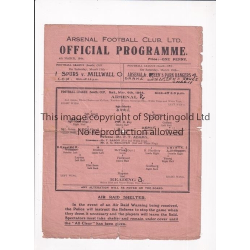 322 - ARSENAL     Single sheet home programme for the FL South Cup tie v Reading 4/3/1944, folded, worn, t... 