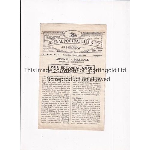 326 - ARSENAL V MILLWALL 1946      Programme for the Football Combination match at Arsenal 14/9/1946. In t... 