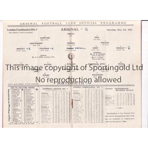 33 - ARSENAL      Programme for the home London Combination match v Portsmouth 6/5/1933, very slight vert... 