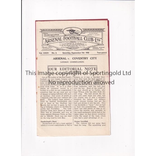 34 - ARSENAL      Programme for the home London Combination match v Coventry City 7/9/1935, very slightly... 