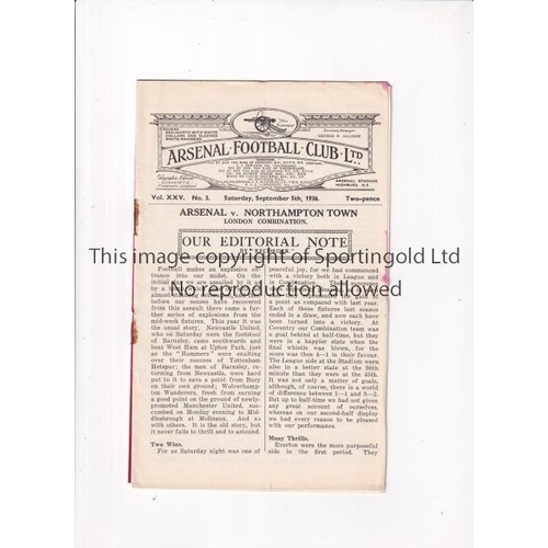 35 - ARSENAL      Programme for the home London Combination match v Northampton Town 5/9/1936, very sligh... 