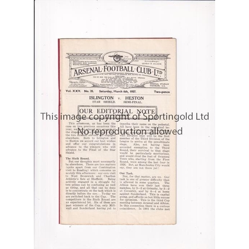 36 - NEUTRAL AT ARSENAL 1937     Programme for the Star Shield Semi-Final at Highbury,  Islington v Hesto... 