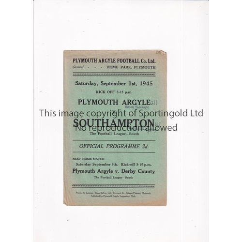 361 - PLYMOUTH ARGYLE V SOUTHAMPTON 1945     Programme for the FL South match at Plymouth 1/9/1945, writin... 