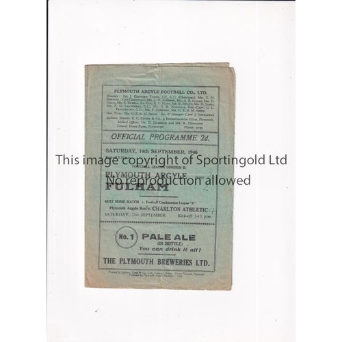 364 - PLYMOUTH ARGYLE     Programme for the home League match v Fulham 14/9/1946, slightly creased, score ... 