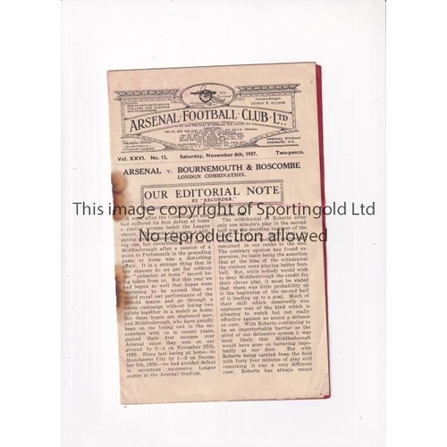 37 - ARSENAL      Programme for the home London Combination match v Bournemouth 6/11/1937, staples rusted... 